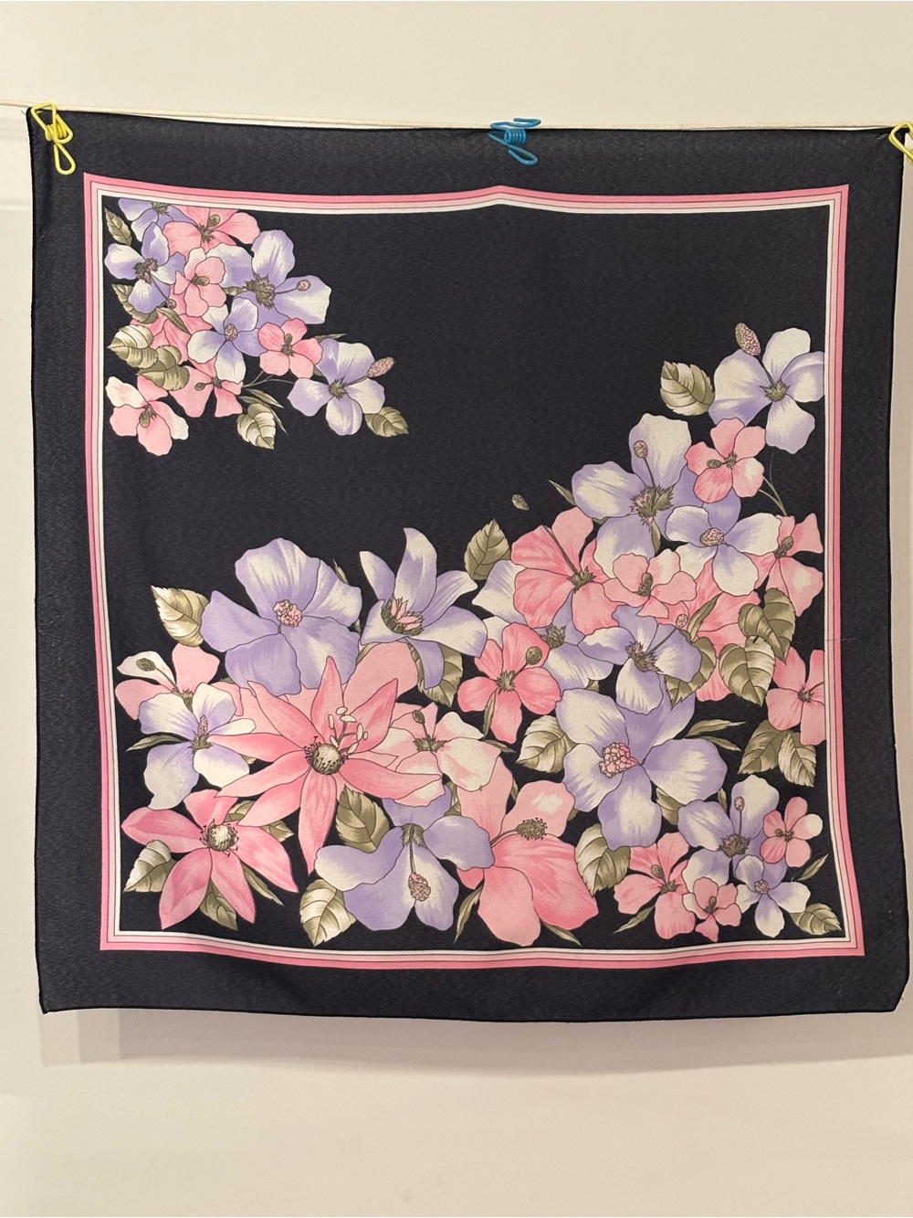 Floral Silk Scarf - Pink & Lavender on dark navy